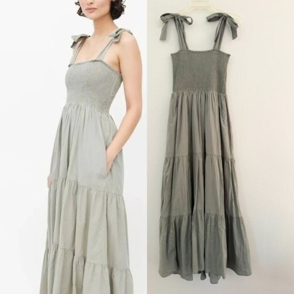 Xirena Lorraine Smocked Tiered Tank Tie Maxi Dress Sand Olive Green Women Large